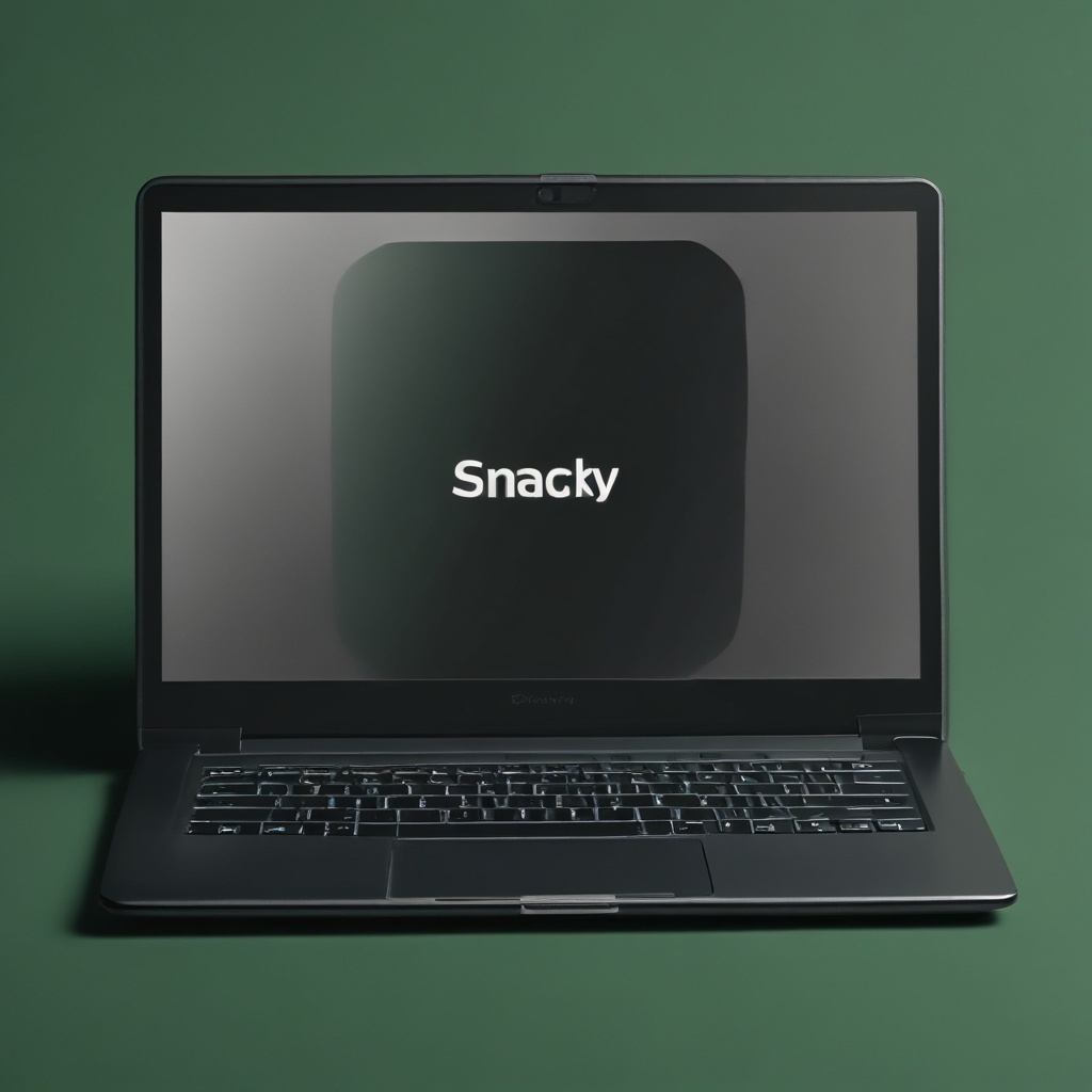 Sleek black laptop displayed against a dark green background for Snackify